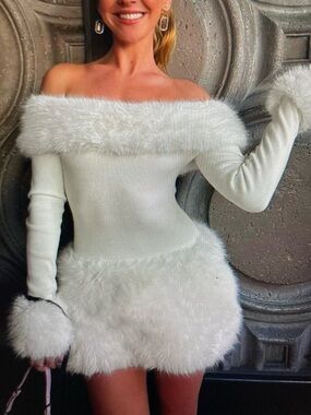 Off-Shoulder Black Faux Fur Trim Mini Dress